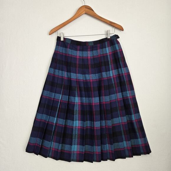 VTG Tan Jay Wool Blend Pleated Plaid Skirt Sz 14* Blue Teal Pink Preppy Academia - Picture 12 of 12